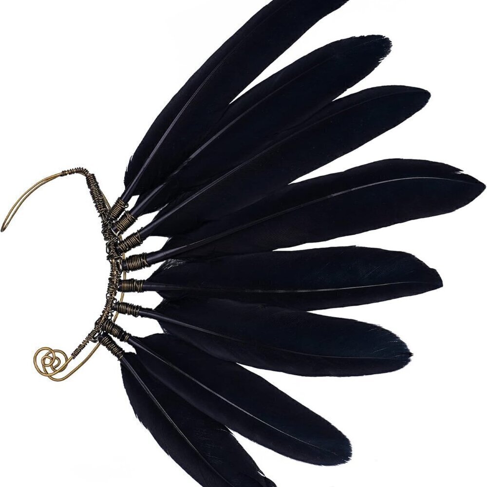 Black Faux Feather Ear Cuffs Ethnic Viking Fairy Elf Jewelry for Cosplay